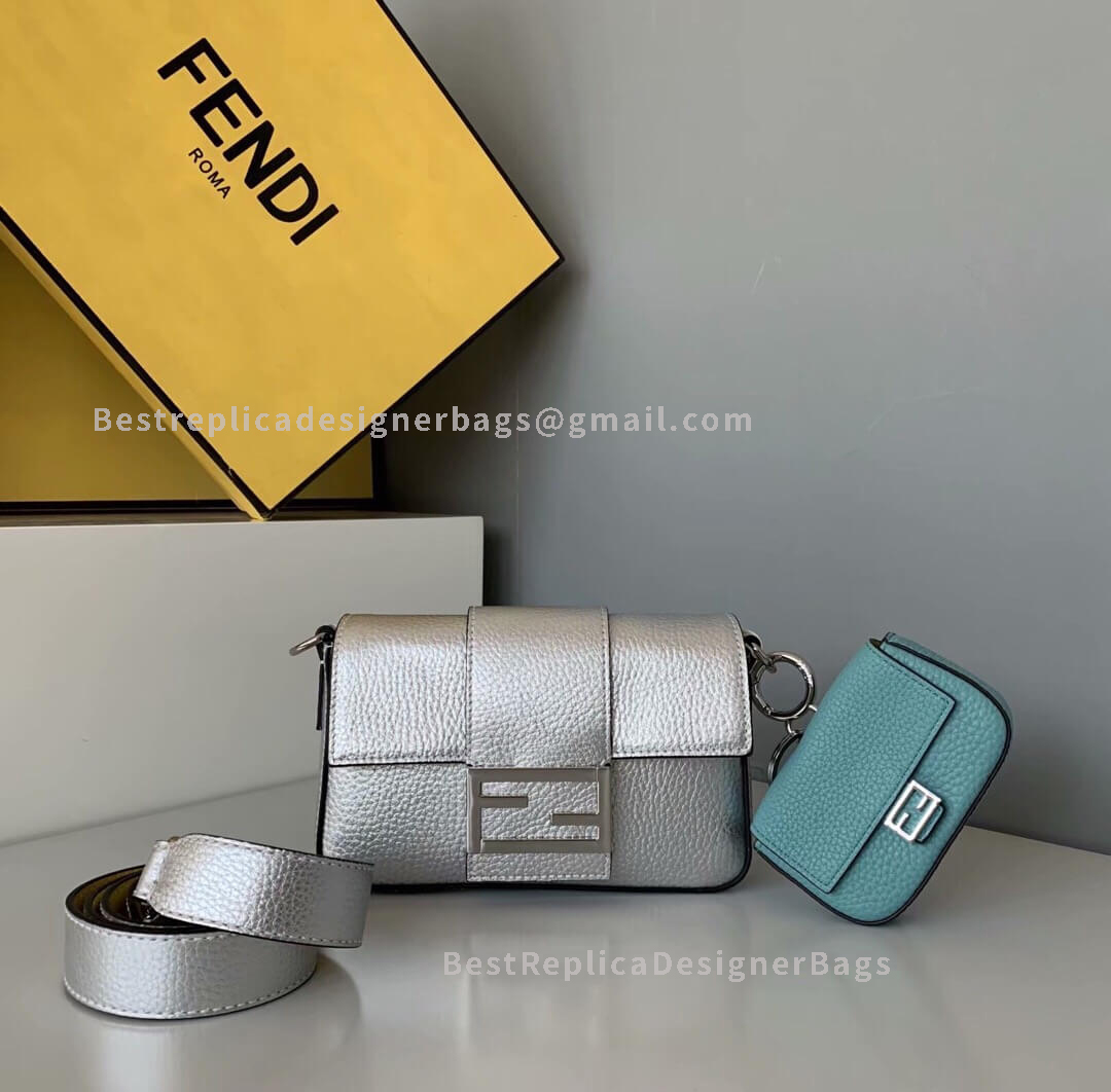 Fendi Baguette Mini Silver Leather Bag SHW 0132